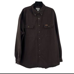 Carhartt long sleeve sandstone twill button work shirt dark brown cotton XLT